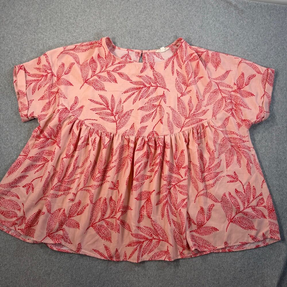 Easel Los Angeles Women's 1X Pink Red Leaf Print Babydoll Top Short Sleeve